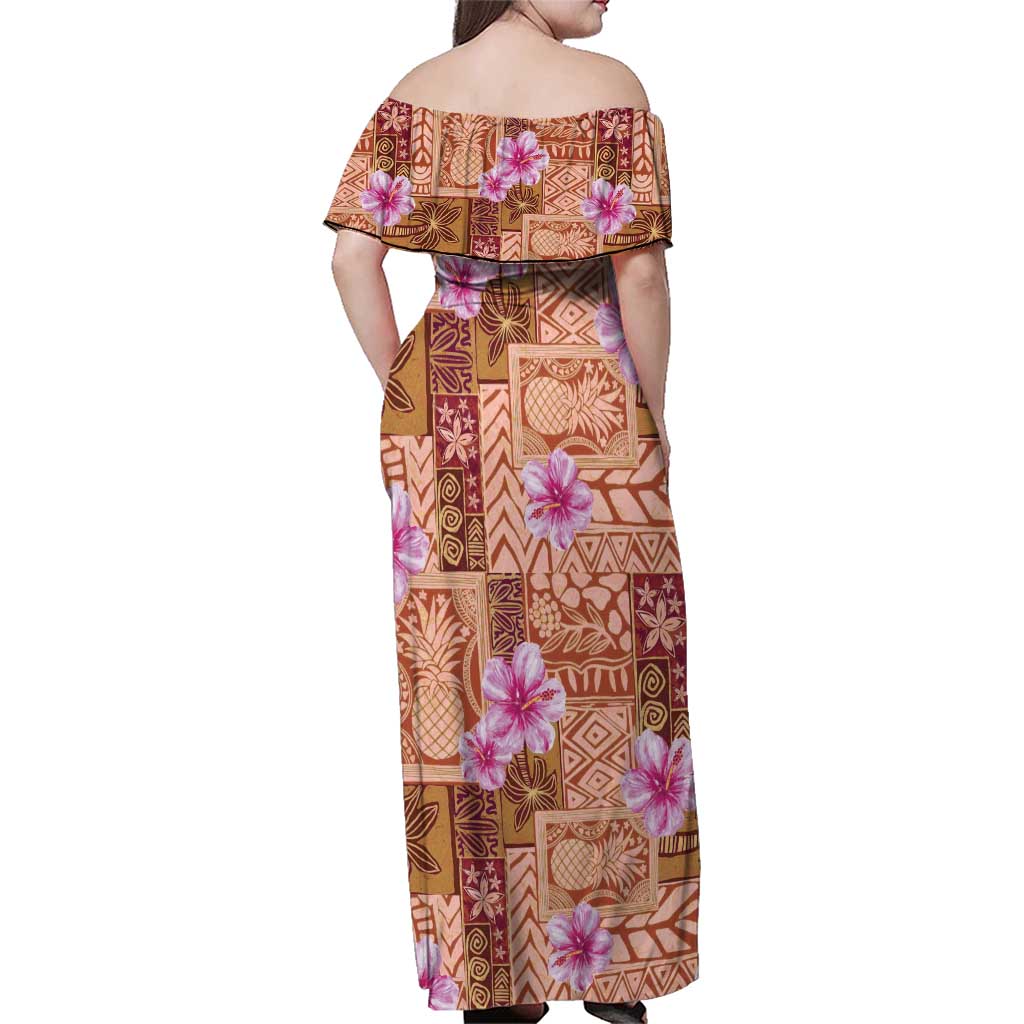 Orange Hawaii Hibiscus With Tropical Flowers Motifs Family Matching Off Shoulder Maxi Dress and Hawaiian Shirt - Polynesian Pride