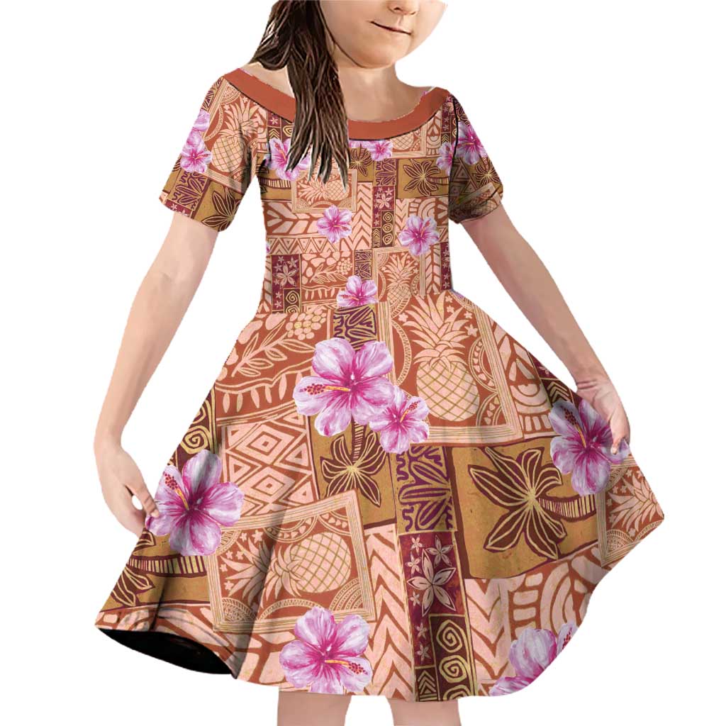 Orange Hawaii Hibiscus With Tropical Flowers Motifs Family Matching Off Shoulder Short Dress and Hawaiian Shirt - Polynesian Pride