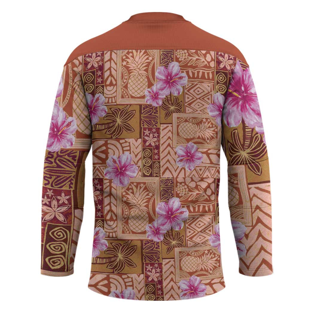 Orange Hawaii Hibiscus With Tropical Flowers Motifs Hockey Jersey - Polynesian Pride