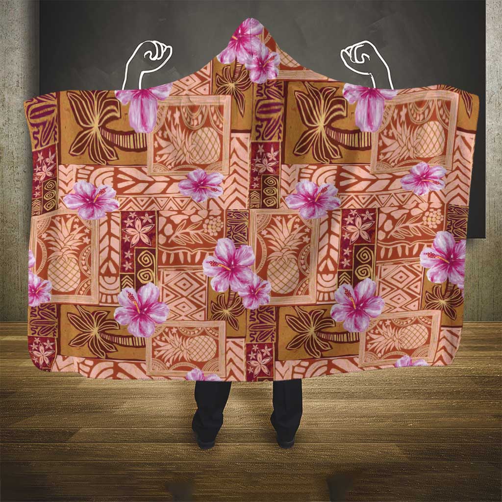 Orange Hawaii Hibiscus With Tropical Flowers Motifs Hooded Blanket - Polynesian Pride