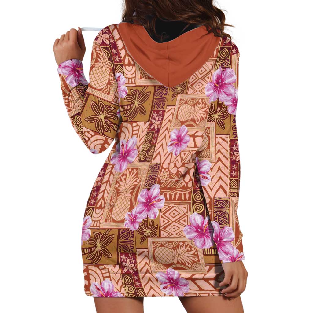 Orange Hawaii Hibiscus With Tropical Flowers Motifs Hoodie Dress - Polynesian Pride