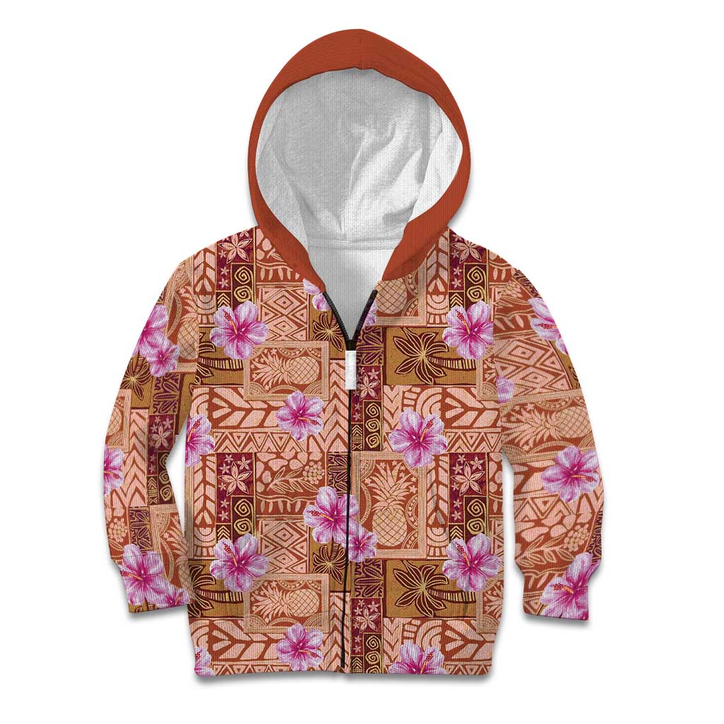 Orange Hawaii Hibiscus With Tropical Flowers Motifs Kid Hoodie - Polynesian Pride