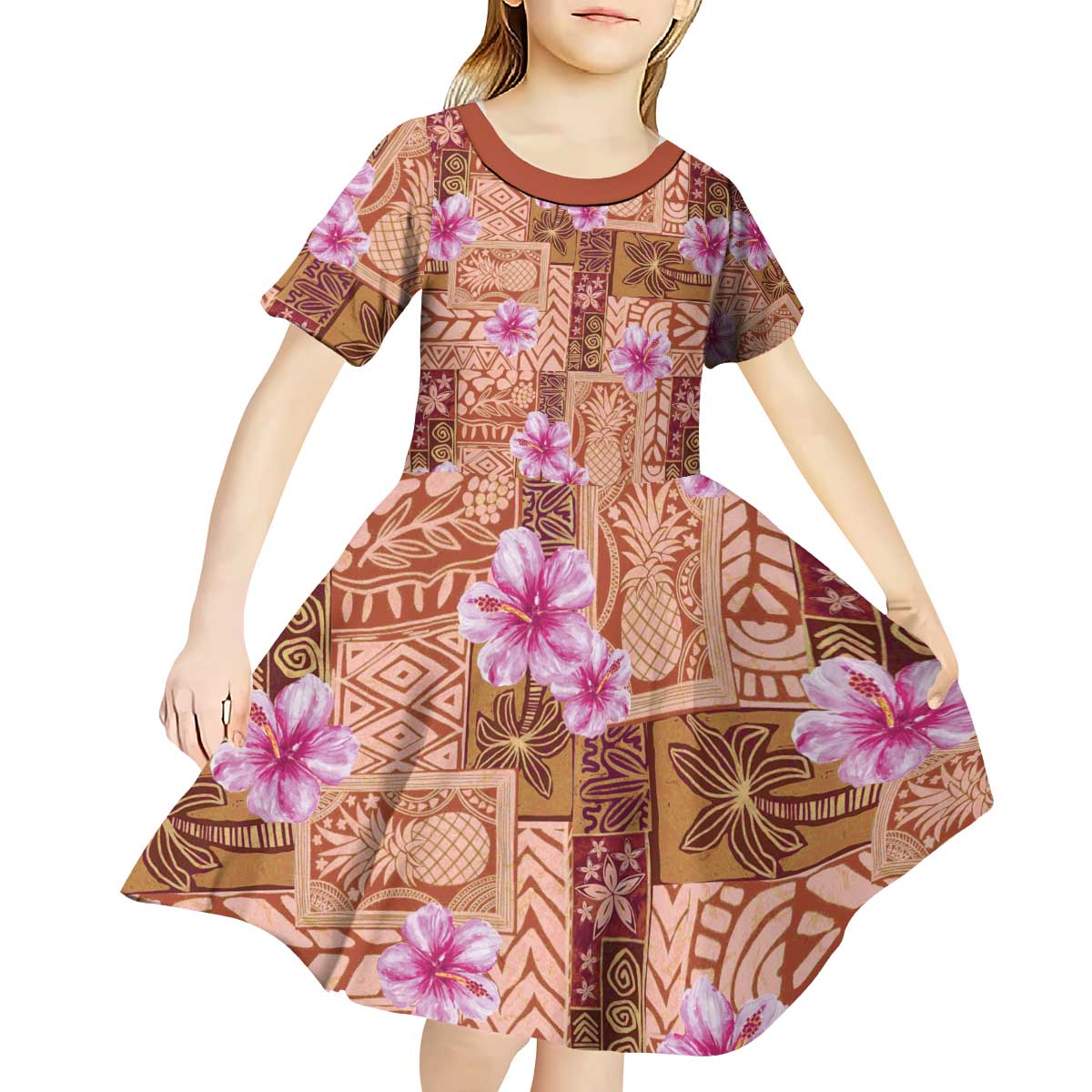 Orange Hawaii Hibiscus With Tropical Flowers Motifs Kid Short Sleeve Dress - Polynesian Pride