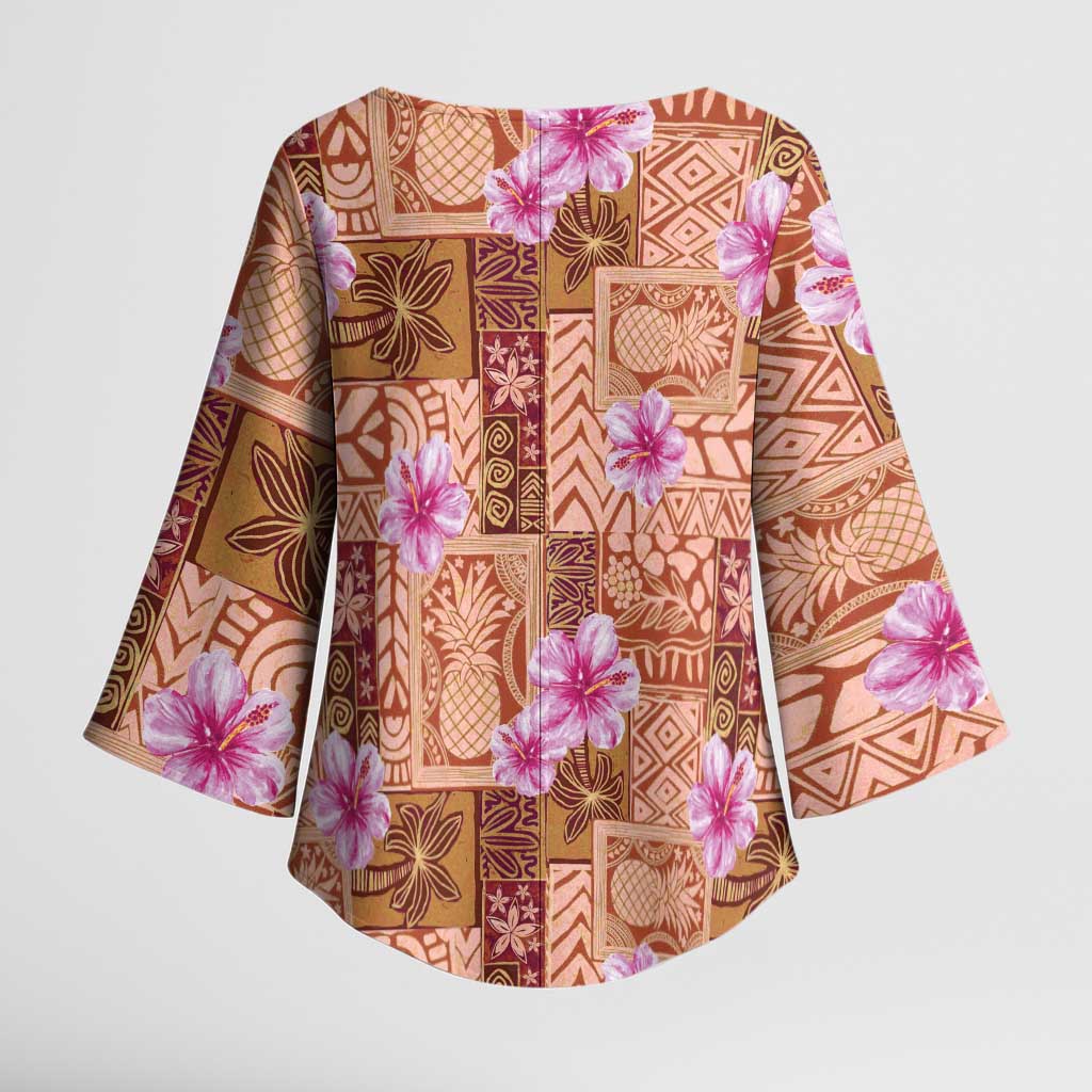 Orange Hawaii Hibiscus With Tropical Flowers Motifs Kimono Sleeve Blouse - Polynesian Pride