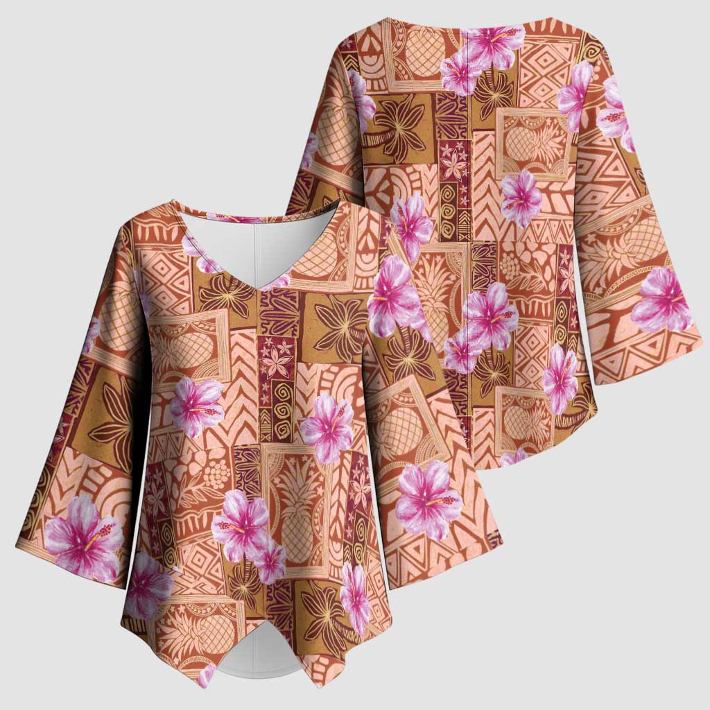 Orange Hawaii Hibiscus With Tropical Flowers Motifs Kimono Sleeve Blouse - Polynesian Pride