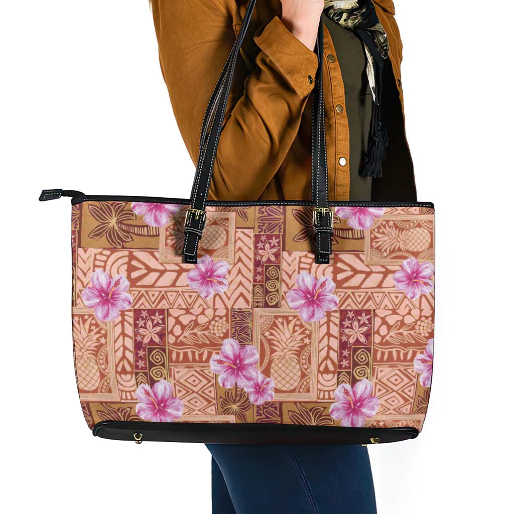 Orange Hawaii Hibiscus With Tropical Flowers Motifs Leather Tote Bag - Polynesian Pride