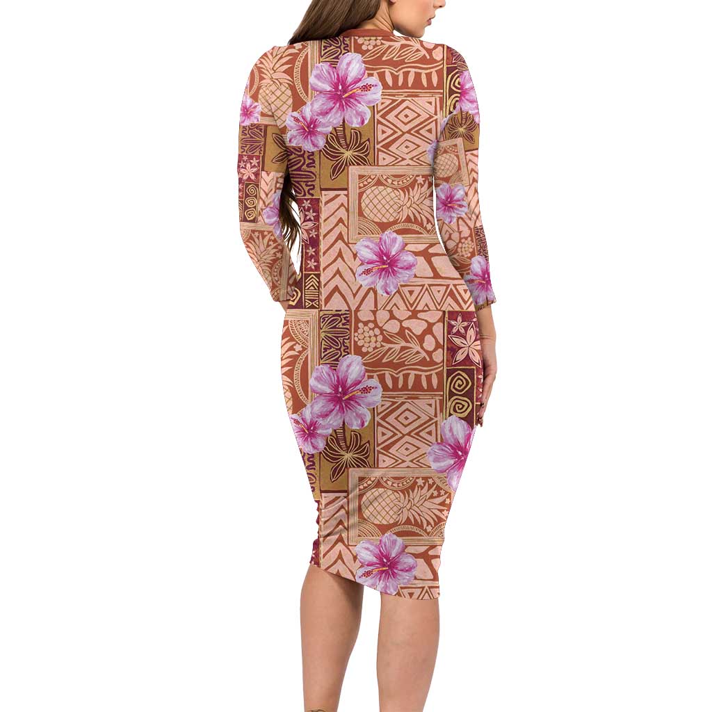 Orange Hawaii Hibiscus With Tropical Flowers Motifs Long Sleeve Bodycon Dress - Polynesian Pride