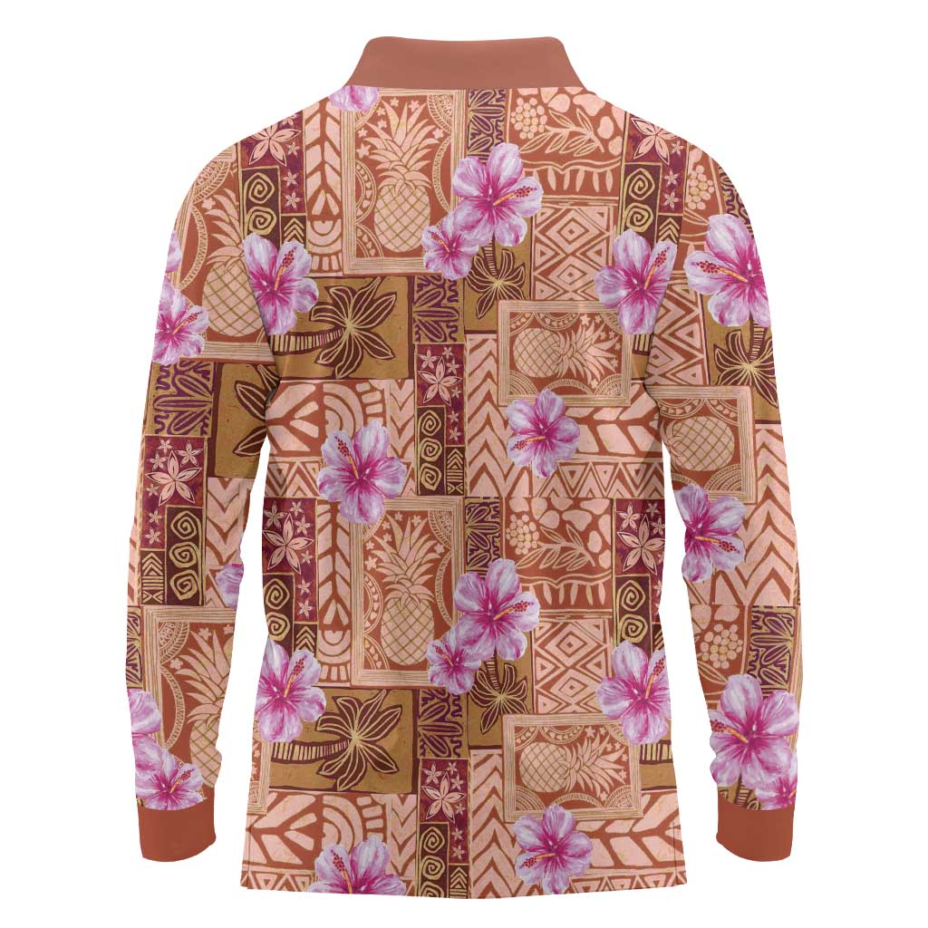 Orange Hawaii Hibiscus With Tropical Flowers Motifs Long Sleeve Polo Shirt - Polynesian Pride