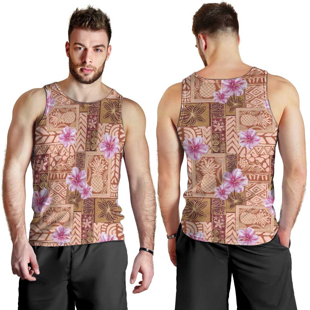 Orange Hawaii Hibiscus With Tropical Flowers Motifs Men Tank Top - Polynesian Pride