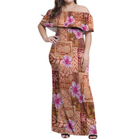 Orange Hawaii Hibiscus With Tropical Flowers Motifs Off Shoulder Maxi Dress - Polynesian Pride