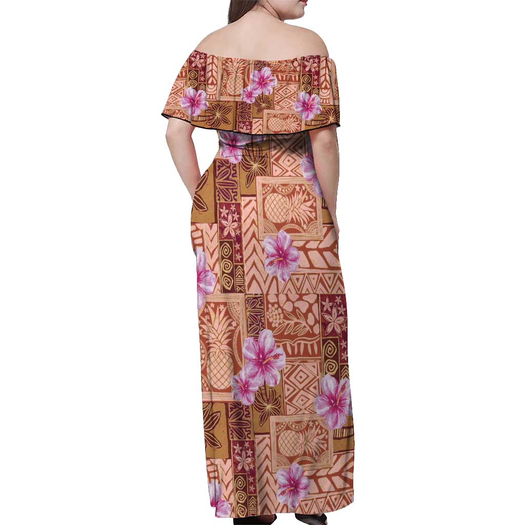 Orange Hawaii Hibiscus With Tropical Flowers Motifs Off Shoulder Maxi Dress - Polynesian Pride