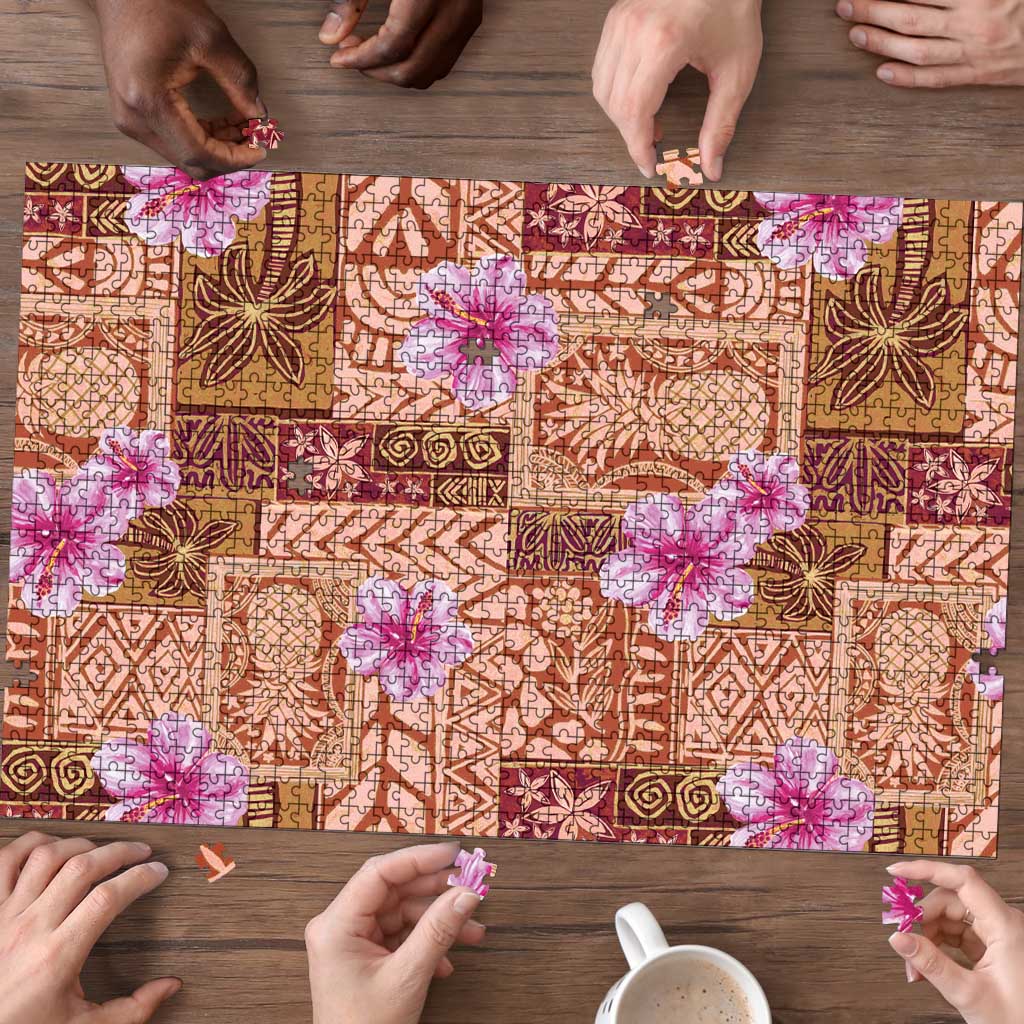 Orange Hawaii Hibiscus With Tropical Flowers Motifs Puzzle - Polynesian Pride