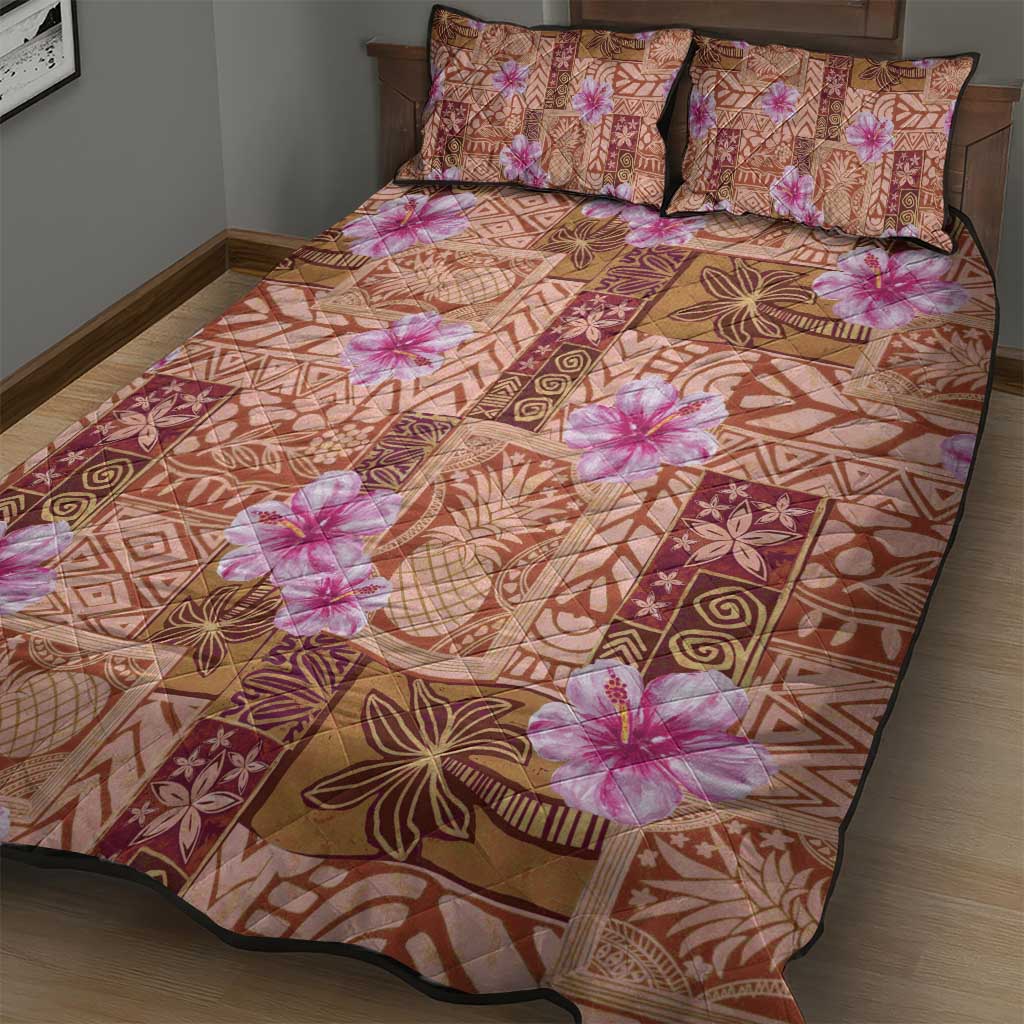 Orange Hawaii Hibiscus With Tropical Flowers Motifs Quilt Bed Set - Polynesian Pride