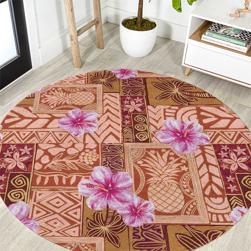 Orange Hawaii Hibiscus With Tropical Flowers Motifs Round Carpet - Polynesian Pride
