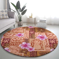 Orange Hawaii Hibiscus With Tropical Flowers Motifs Round Carpet - Polynesian Pride