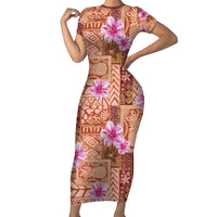 Orange Hawaii Hibiscus With Tropical Flowers Motifs Short Sleeve Bodycon Dress - Polynesian Pride