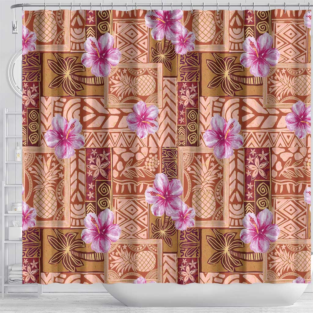 Orange Hawaii Hibiscus With Tropical Flowers Motifs Shower Curtain - Polynesian Pride