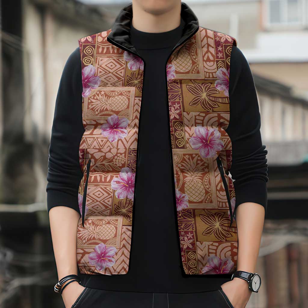 Orange Hawaii Hibiscus With Tropical Flowers Motifs Sleeveless Puffer Jacket - Polynesian Pride