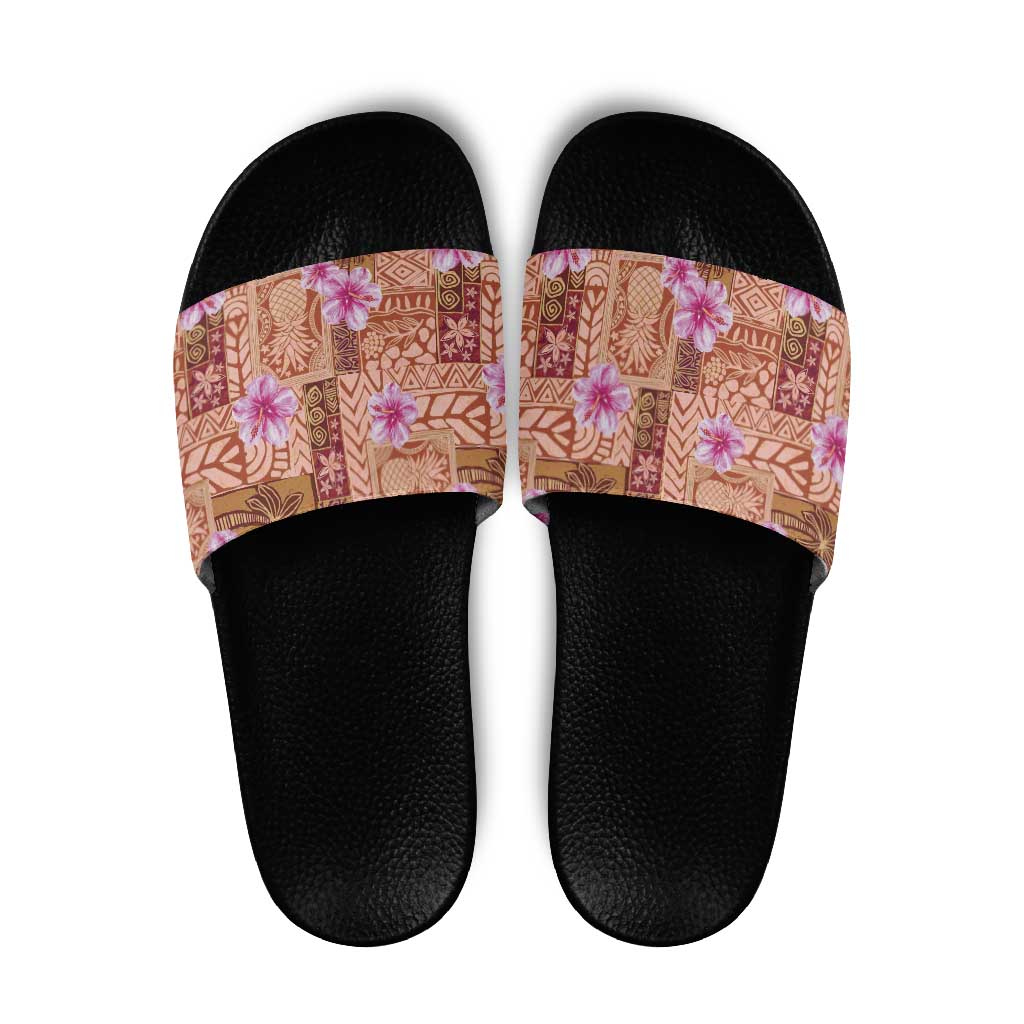 Orange Hawaii Hibiscus With Tropical Flowers Motifs Slide Sandals - Polynesian Pride
