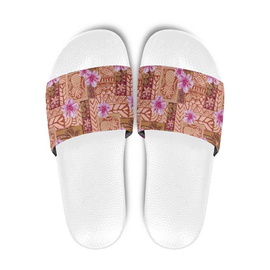 Orange Hawaii Hibiscus With Tropical Flowers Motifs Slide Sandals - Polynesian Pride
