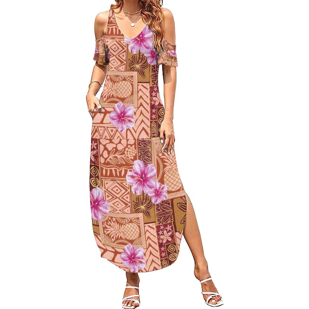 Orange Hawaii Hibiscus With Tropical Flowers Motifs Summer Maxi Dress - Polynesian Pride