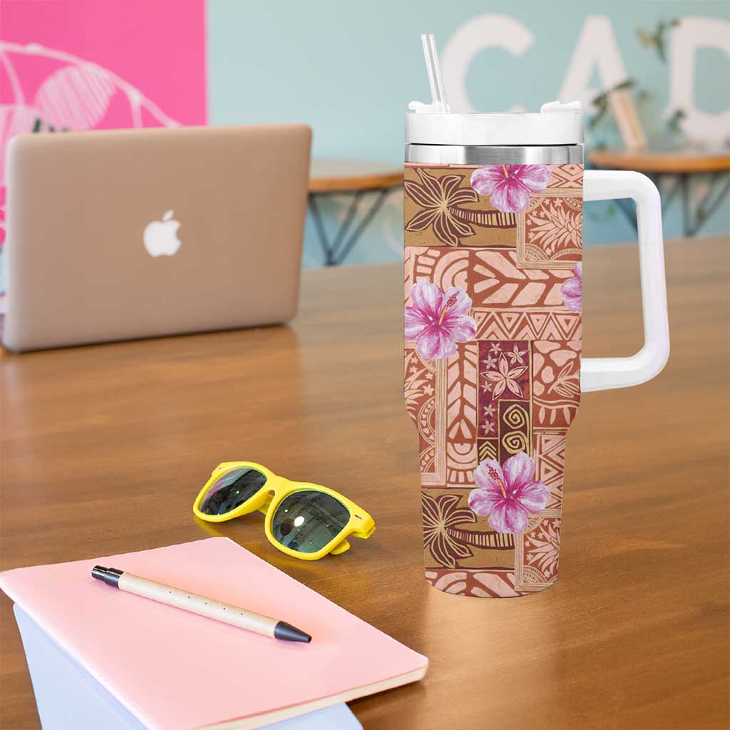 Orange Hawaii Hibiscus With Tropical Flowers Motifs Tumbler With Handle - Polynesian Pride