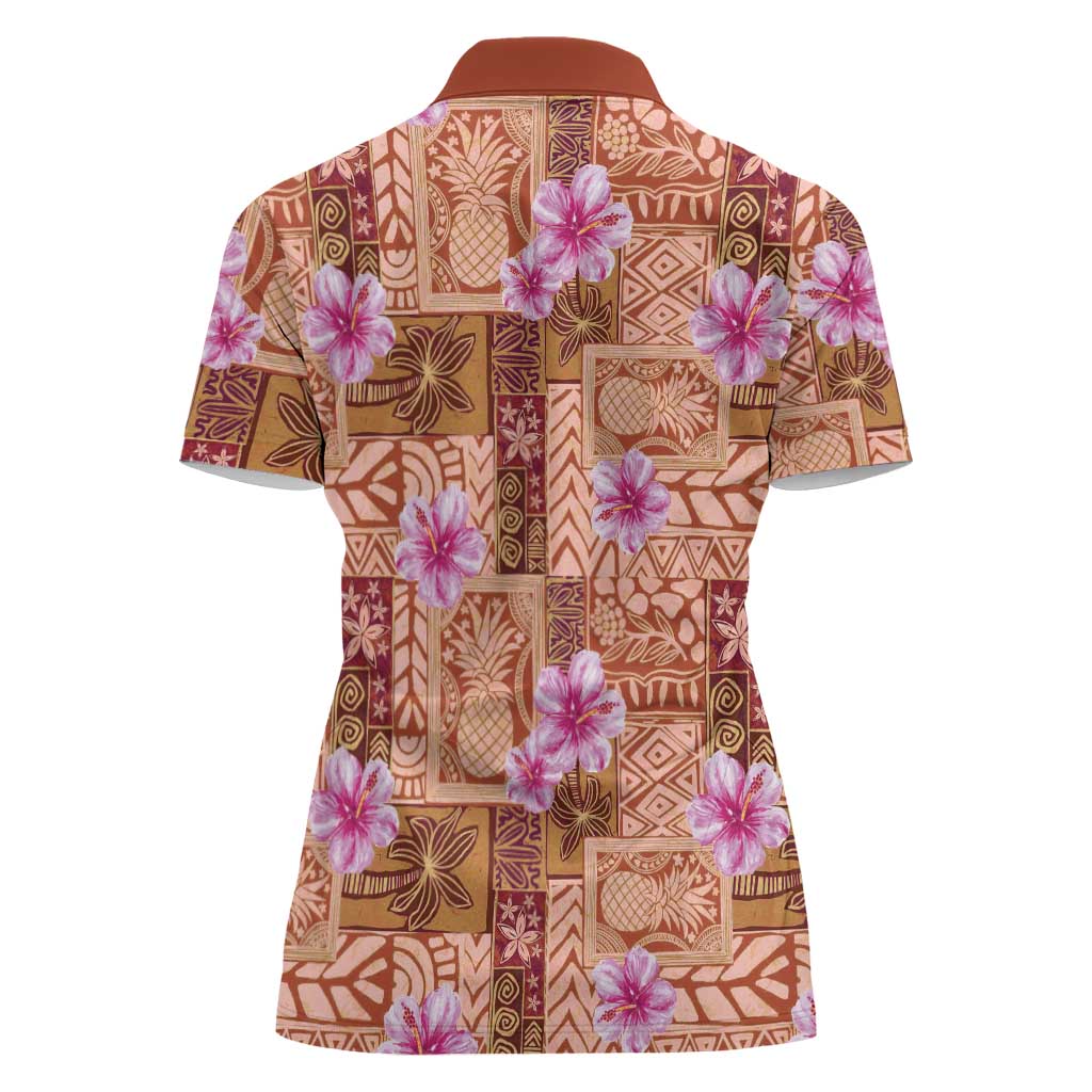 Orange Hawaii Hibiscus With Tropical Flowers Motifs Women Polo Shirt - Polynesian Pride