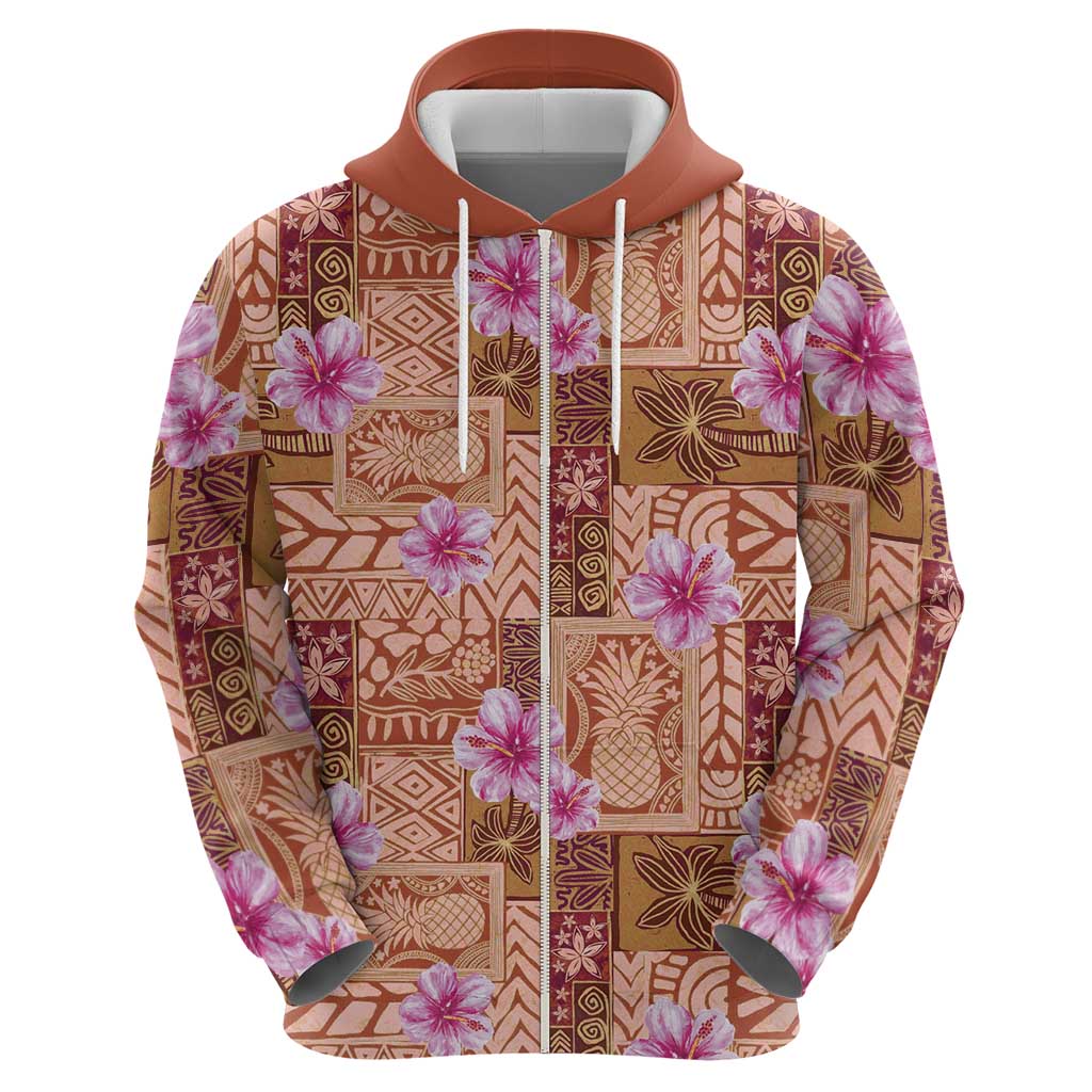 Orange Hawaii Hibiscus With Tropical Flowers Motifs Zip Hoodie - Polynesian Pride