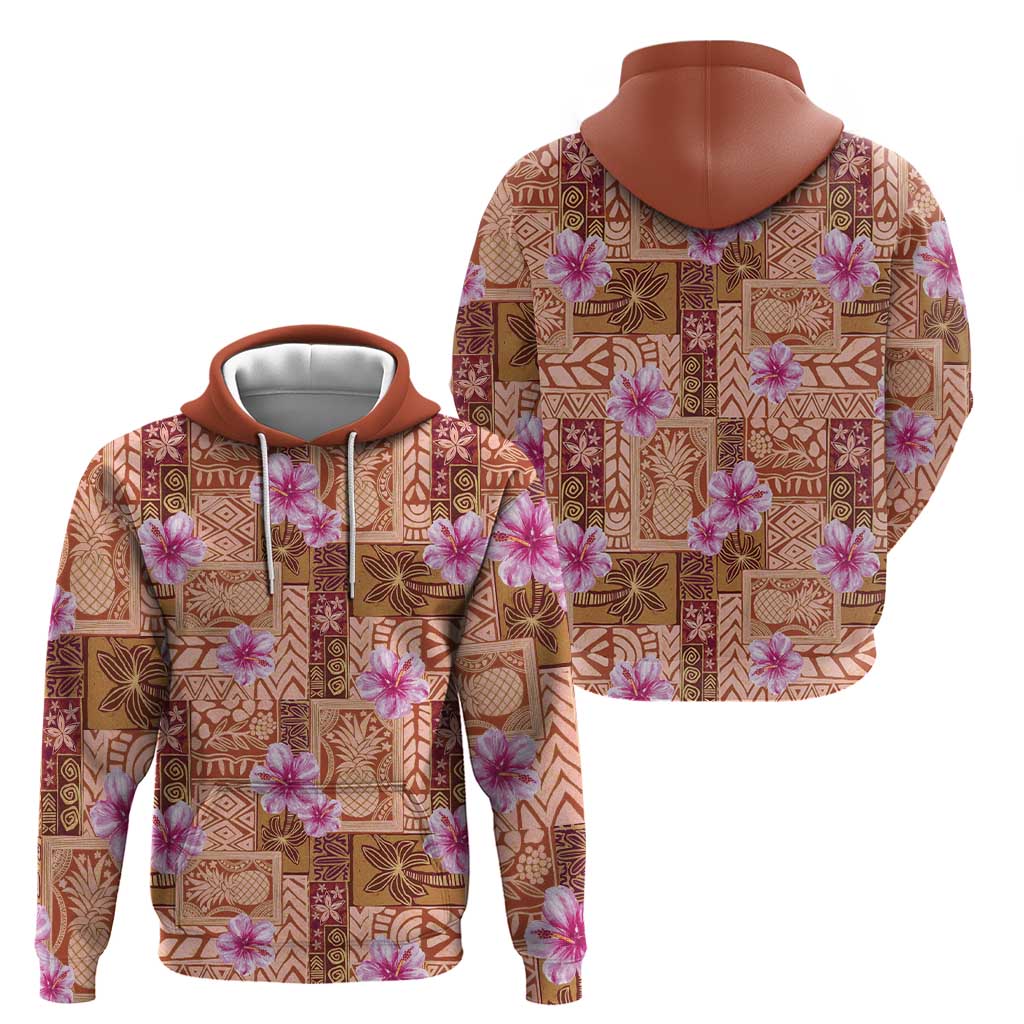 Orange Hawaii Hibiscus With Tropical Flowers Motifs Zip Hoodie - Polynesian Pride