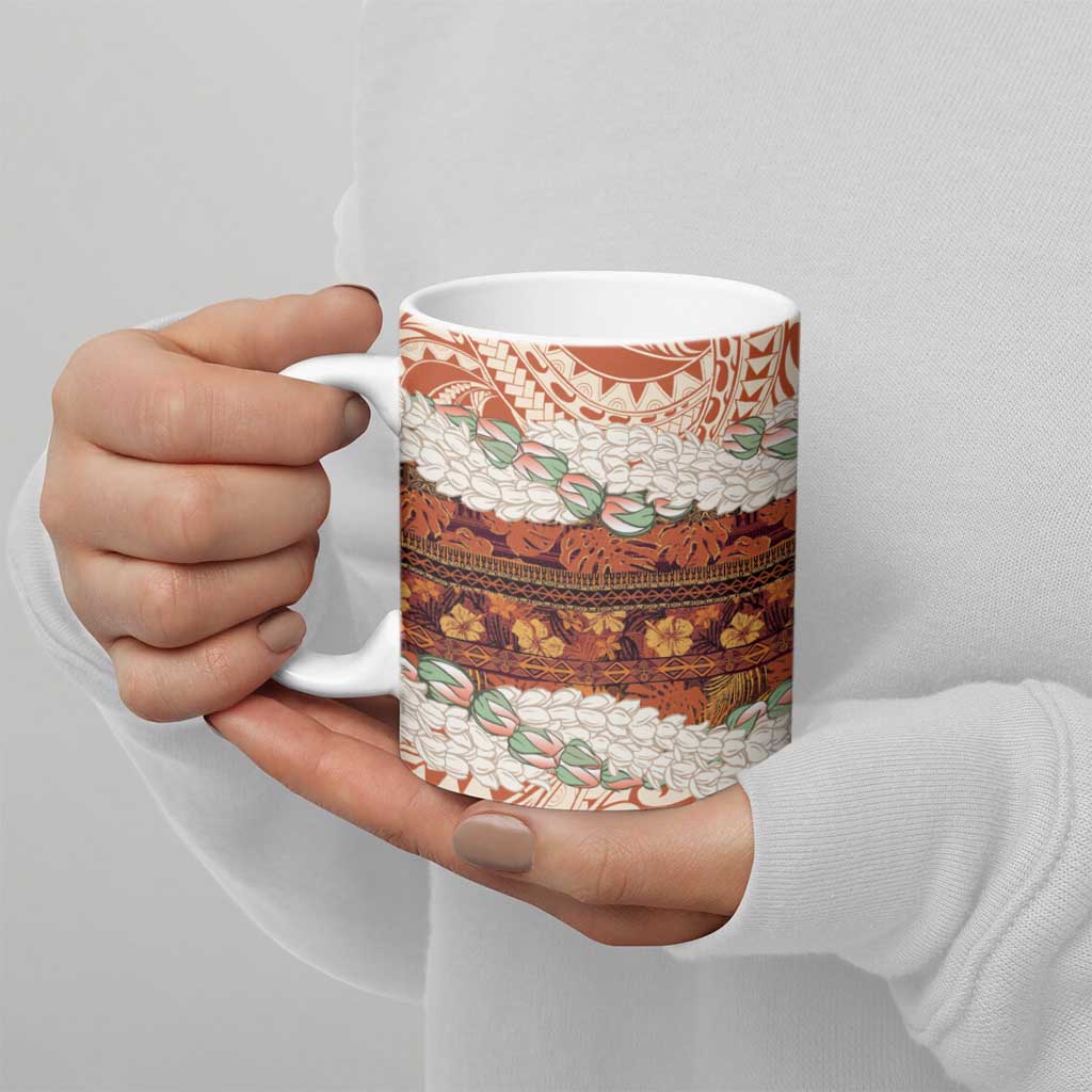 Aloha Hawaii Mikioi Lei Ceramic Mug Beige Tropical Flower Pattern - Polynesian Pride