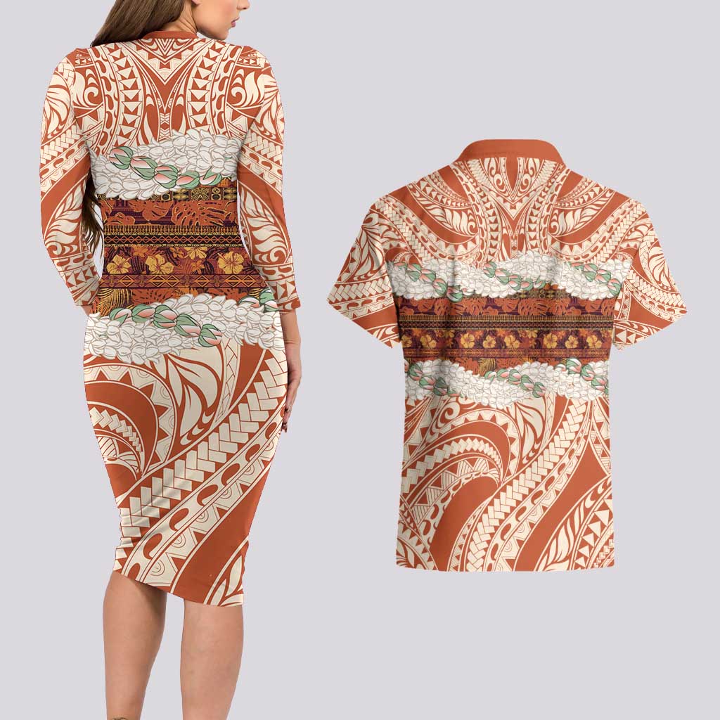 Aloha Hawaii Mikioi Lei Couples Matching Long Sleeve Bodycon Dress and Hawaiian Shirt Beige Tropical Flower Pattern - Polynesian Pride