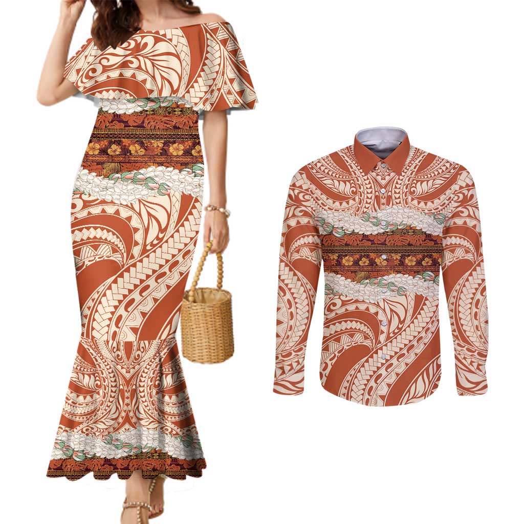 Aloha Hawaii Mikioi Lei Couples Matching Mermaid Dress and Long Sleeve Button Shirt Beige Tropical Flower Pattern - Polynesian Pride