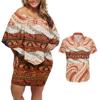 Aloha Hawaii Mikioi Lei Couples Matching Off Shoulder Short Dress and Hawaiian Shirt Beige Tropical Flower Pattern - Polynesian Pride