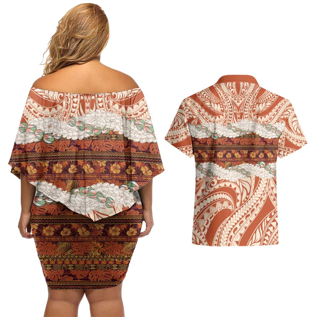 Aloha Hawaii Mikioi Lei Couples Matching Off Shoulder Short Dress and Hawaiian Shirt Beige Tropical Flower Pattern - Polynesian Pride