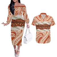 Aloha Hawaii Mikioi Lei Couples Matching Off The Shoulder Long Sleeve Dress and Hawaiian Shirt Beige Tropical Flower Pattern - Polynesian Pride