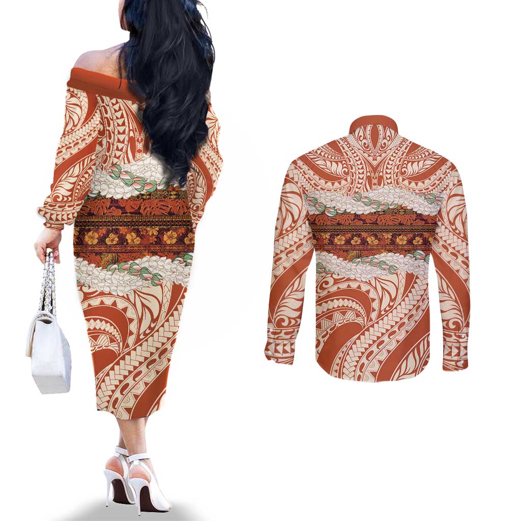 Aloha Hawaii Mikioi Lei Couples Matching Off The Shoulder Long Sleeve Dress and Long Sleeve Button Shirt Beige Tropical Flower Pattern - Polynesian Pride