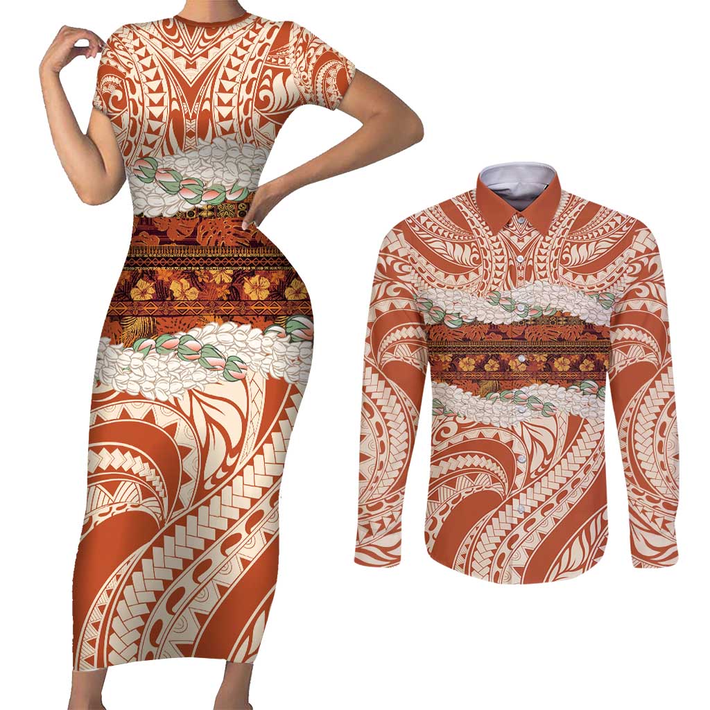 Aloha Hawaii Mikioi Lei Couples Matching Short Sleeve Bodycon Dress and Long Sleeve Button Shirt Beige Tropical Flower Pattern - Polynesian Pride