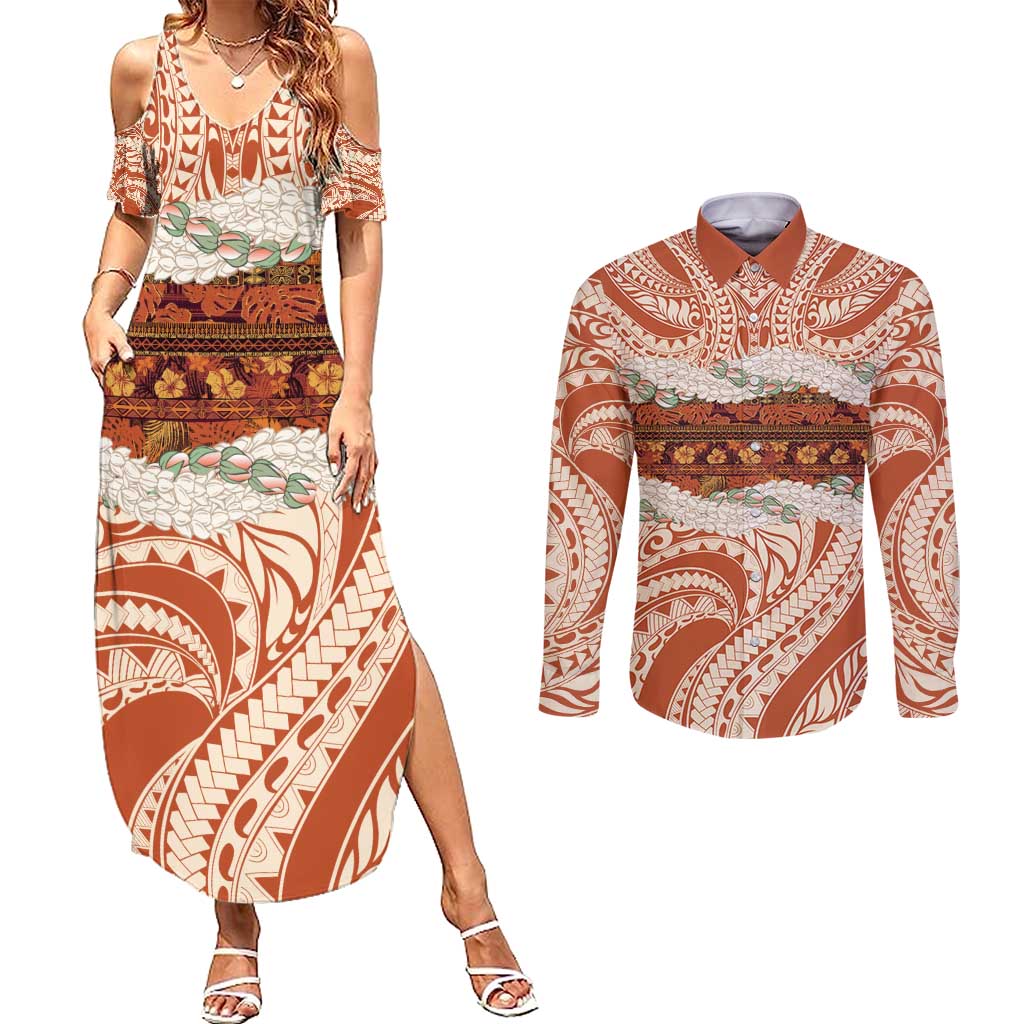 Aloha Hawaii Mikioi Lei Couples Matching Summer Maxi Dress and Long Sleeve Button Shirt Beige Tropical Flower Pattern - Polynesian Pride