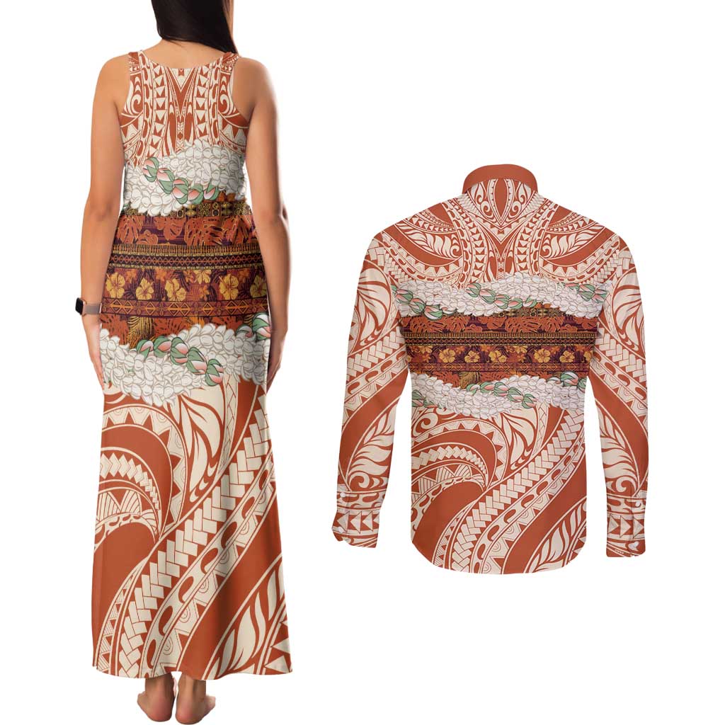 Aloha Hawaii Mikioi Lei Couples Matching Tank Maxi Dress and Long Sleeve Button Shirt Beige Tropical Flower Pattern - Polynesian Pride