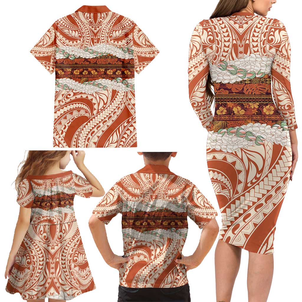 Aloha Hawaii Mikioi Lei Family Matching Long Sleeve Bodycon Dress and Hawaiian Shirt Beige Tropical Flower Pattern - Polynesian Pride