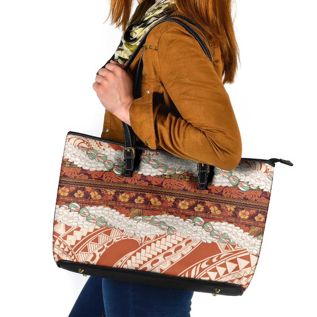 Aloha Hawaii Mikioi Lei Leather Tote Bag Beige Tropical Flower Pattern - Polynesian Pride