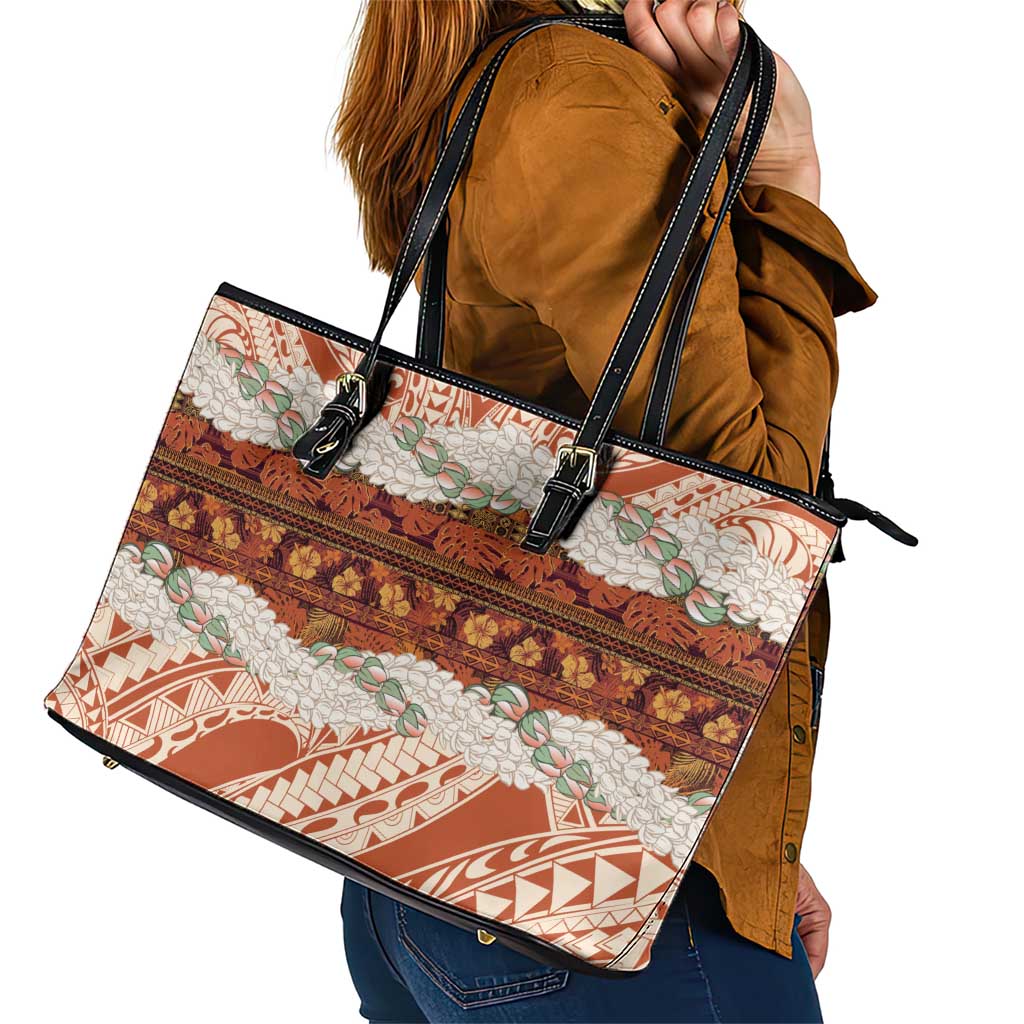Aloha Hawaii Mikioi Lei Leather Tote Bag Beige Tropical Flower Pattern - Polynesian Pride