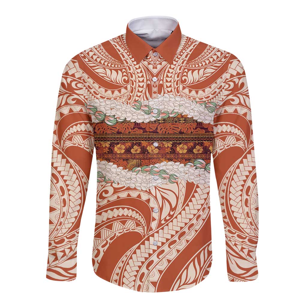 Aloha Hawaii Mikioi Lei Long Sleeve Button Shirt Beige Tropical Flower Pattern - Polynesian Pride