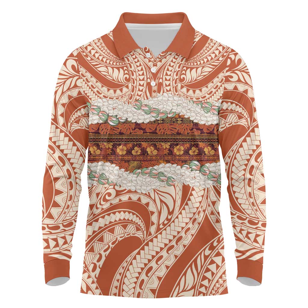 Aloha Hawaii Mikioi Lei Long Sleeve Polo Shirt Beige Tropical Flower Pattern - Polynesian Pride