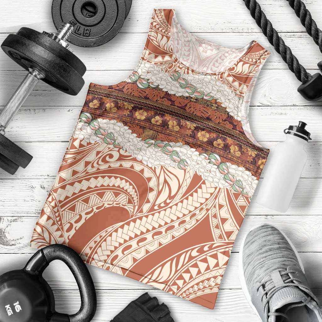 Aloha Hawaii Mikioi Lei Men Tank Top Beige Tropical Flower Pattern - Polynesian Pride