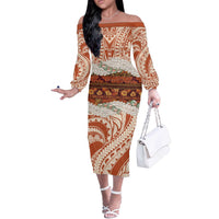 Aloha Hawaii Mikioi Lei Off The Shoulder Long Sleeve Dress Beige Tropical Flower Pattern - Polynesian Pride