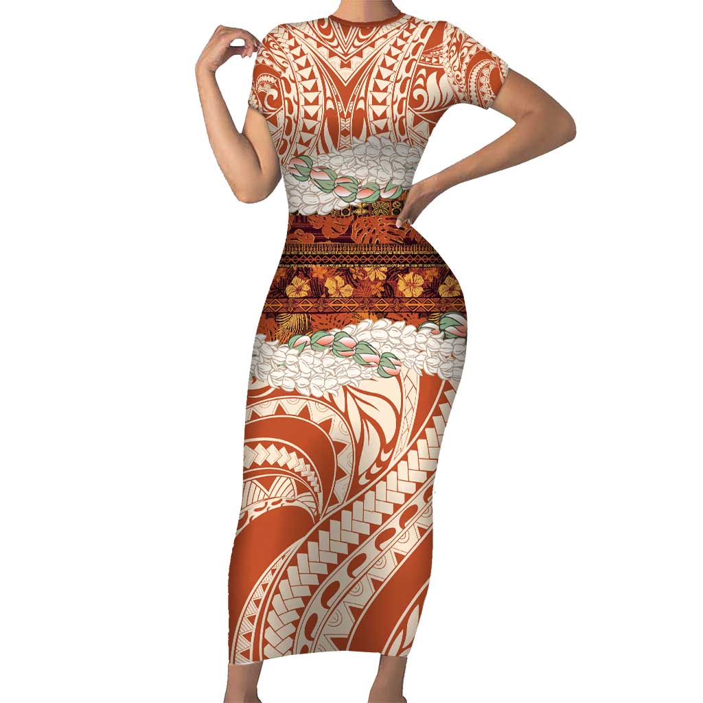 Aloha Hawaii Mikioi Lei Short Sleeve Bodycon Dress Beige Tropical Flower Pattern - Polynesian Pride