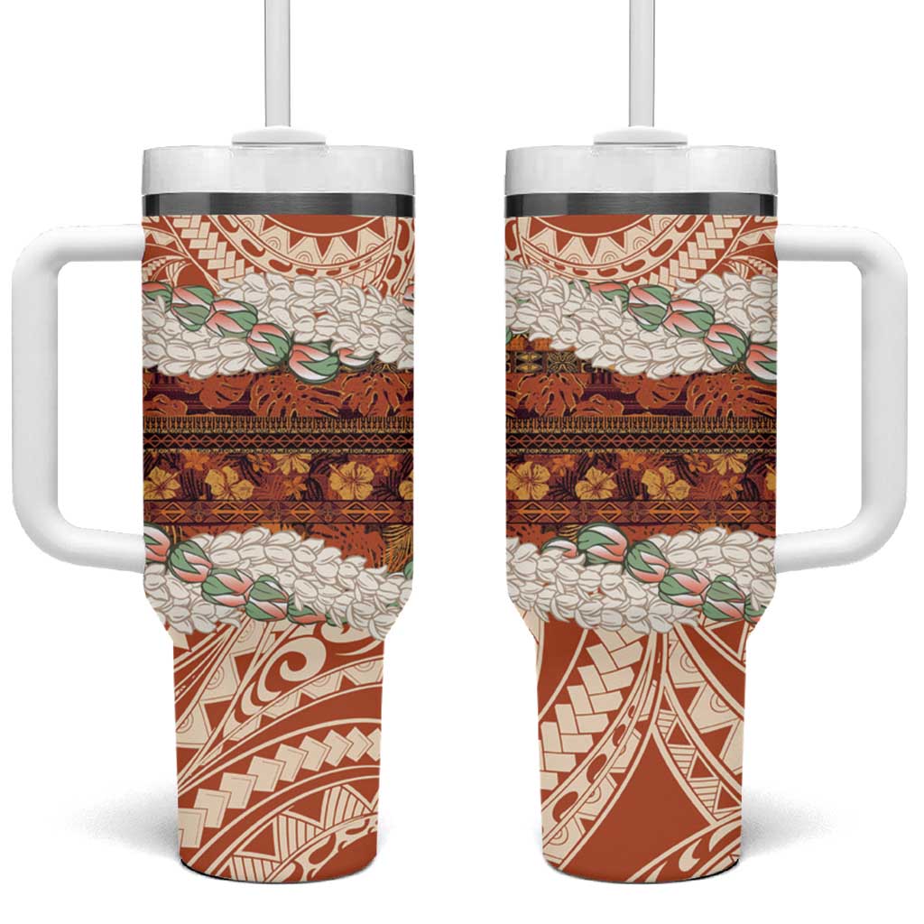Aloha Hawaii Mikioi Lei Tumbler With Handle Beige Tropical Flower Pattern - Polynesian Pride
