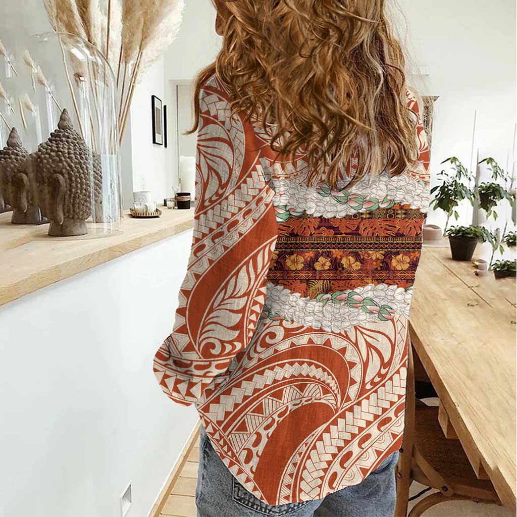 Aloha Hawaii Mikioi Lei Women Casual Shirt Beige Tropical Flower Pattern - Polynesian Pride