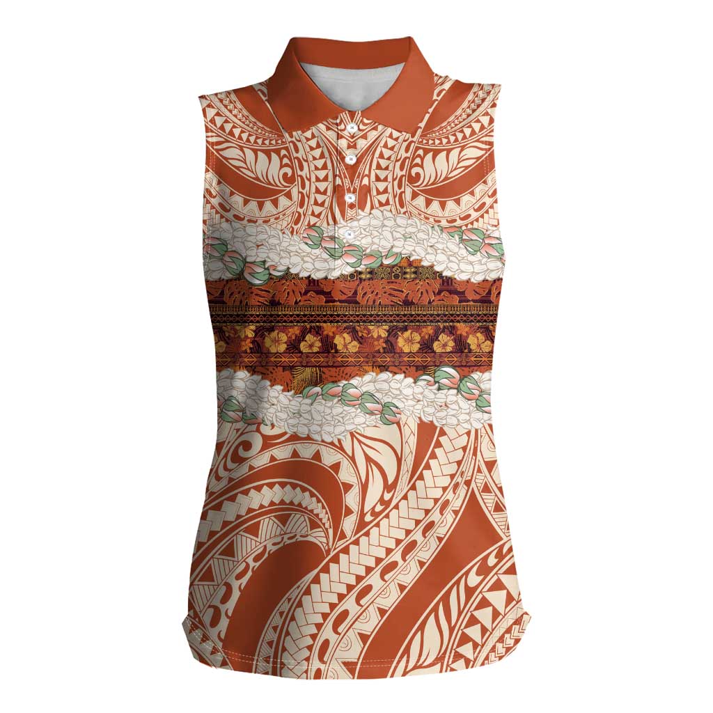 Aloha Hawaii Mikioi Lei Women Sleeveless Polo Shirt Beige Tropical Flower Pattern - Polynesian Pride